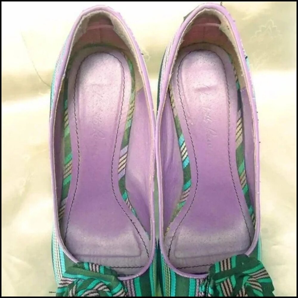 Vintage High Heel Shoes Purple Turquoise Fabric Pumps with Rosette - 80s - Picture 8 of 11